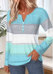 Striped Button Mint Green Long Sleeve T Shirt