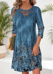 Tribal Print Tuck Stitch Peacock Blue Short Dress