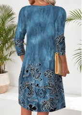Tribal Print Tuck Stitch Peacock Blue Short Dress