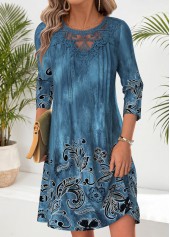 Tribal Print Tuck Stitch Peacock Blue Short Dress