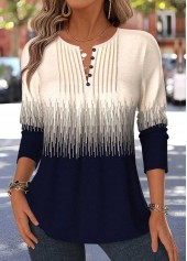 Geometric Print Tuck Stitch Navy Long Sleeve T Shirt