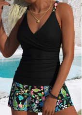 Mid Waisted Floral Print Surplice Black Tankini Set