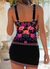Mid Waisted Floral Print Surplice Black Tankini Set