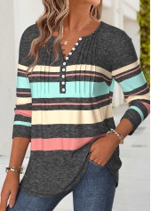Striped Tuck Stitch Multi Color Long Sleeve T Shirt