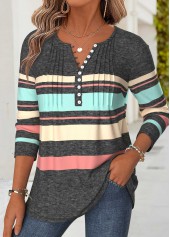 Striped Tuck Stitch Multi Color Long Sleeve T Shirt