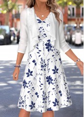Leaf Print Two-piece White 3/4 Sleeve Dress and Cardigan