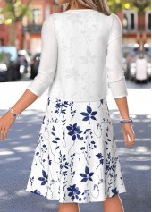 Leaf Print Two-piece White 3/4 Sleeve Dress and Cardigan