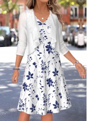 Leaf Print Two-piece White 3/4 Sleeve Dress and Cardigan