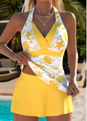 Mid Waisted Floral Print Layered Yellow Tankini Set