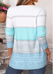 Striped Button Blue Long Sleeve Split Neck T Shirt