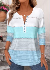 Striped Button Blue Long Sleeve Split Neck T Shirt