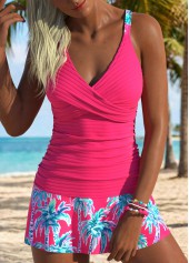 Mid Waisted Tropical Plants Print Surplice Tankini Set
