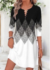 Geometric Print Tummy Coverage Black Short Long Sleeve Dress