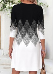 Geometric Print Tummy Coverage Black Short Long Sleeve Dress
