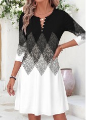Geometric Print Tummy Coverage Black Short Long Sleeve Dress
