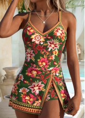 Floral Print Fake 2in1 Green One Piece Swimdress