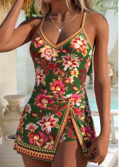 Floral Print Fake 2in1 Green One Piece Swimdress