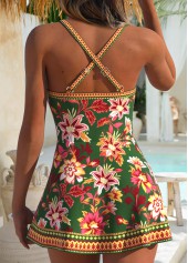 Floral Print Fake 2in1 Green One Piece Swimdress