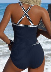 Mid Waisted Striped Tummy Coverage Navy Tankini Set