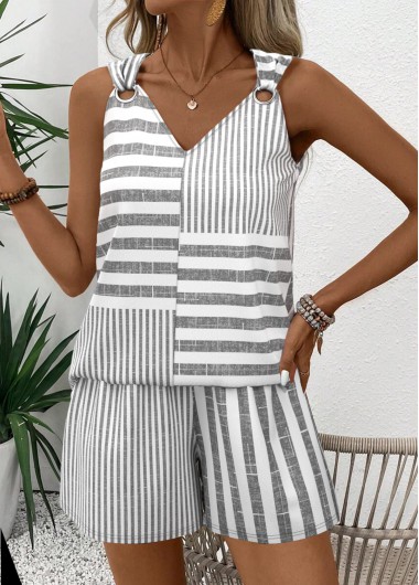 Striped Grey Sleeveless V Neck Tank Top and Shorts