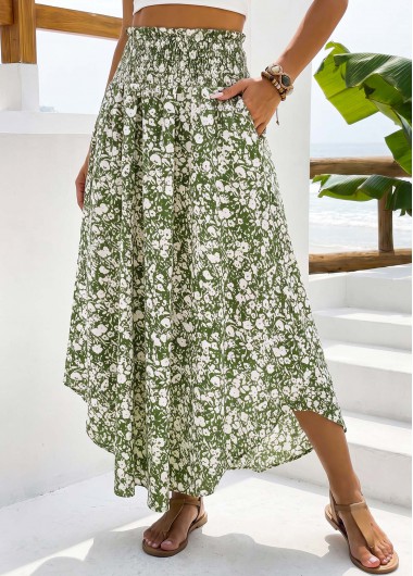 Ditsy Floral Print Pocket Green A Line Maxi Skirt