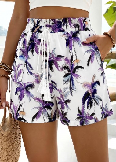 Plants Print Purple Elastic Waist High Waisted Shorts