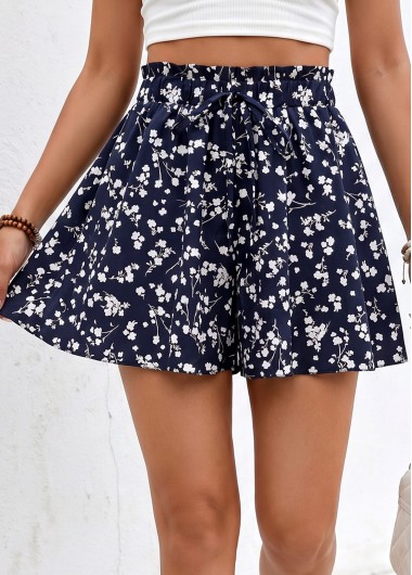 Ditsy Floral Print Navy Wide Leg Elastic Waist Shorts
