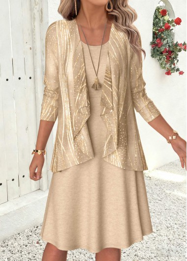 Geometric Print Two-piece Gray Brown Dress and Cardigan