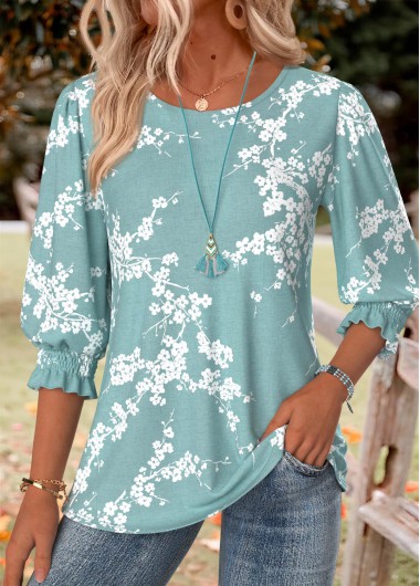 Floral Print Smocked Green 3/4 Sleeve Round Neck Blouse