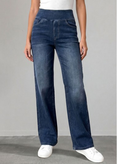 Denim Blue Straight Leg Elastic Waist High Waisted Jeans