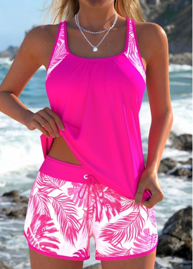 Mid Waisted Leaf Print Patchwork Hot Pink Tankini Set