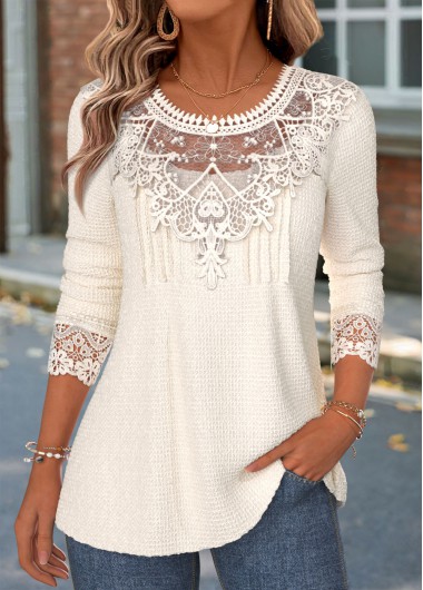 Patchwork Beige Long Sleeve Round Neck T Shirt