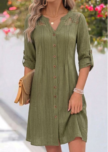Patchwork Olive Green Short Long Sleeve Split Neck Dress
