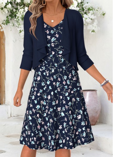 Floral Print Tummy Coverage Navy Short Dress and Cardigan Floral Print Tummy Coverage Navy Short Dress and Cardigan