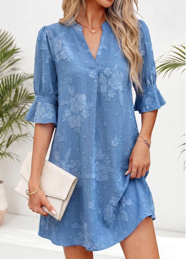 Floral Print Tummy Coverage Denim Blue Short Dress