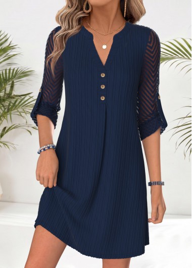 Patchwork Navy Short Long Sleeve Split Neck Dress