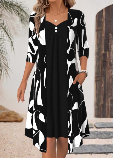 Geometric Print Fake 2in1 Black 3/4 Sleeve Dress