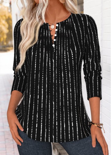 Striped Tuck Stitch Black Long Sleeve T Shirt Striped Tuck Stitch Black Long Sleeve T Shirt