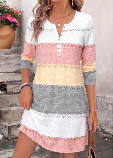 Striped Tummy Coverage Multi Color Short Long Sleeve Dress