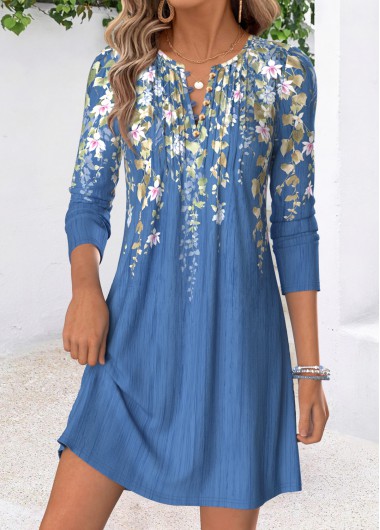 Floral Print Tuck Stitch Blue Short Long Sleeve Dress
