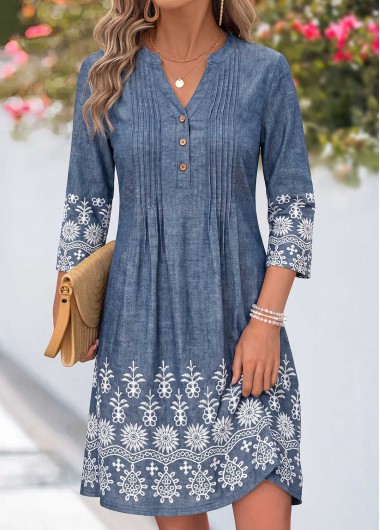 Tribal Print Tuck Stitch Denim Blue Short Dress