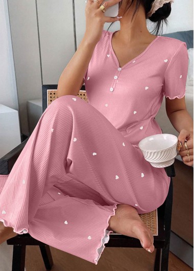 Heart Print Pink V Neck Lounge Top and Pants Heart Print Pink V Neck Lounge Top and Pants