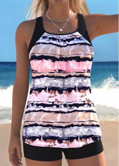 Leaf Print Ruched/shirred Black Tankini Top