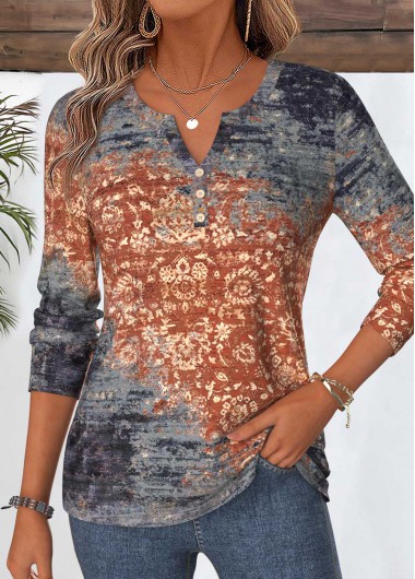 Tribal Print Curved Hem Dusty Blue T Shirt Tribal Print Curved Hem Dusty Blue T Shirt