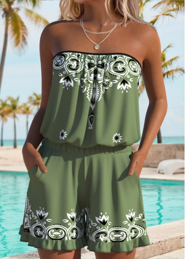 Tribal Print Ruched/shirred Green One Piece Swimwear