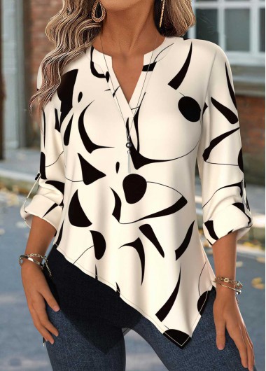 Geometric Print Patchwork Beige 3/4 Sleeve Split Neck Blouse