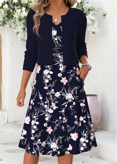 Floral Print Double Side Pockets Navy Long Sleeve Dress