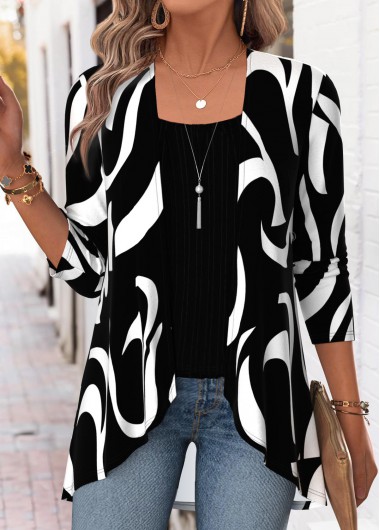 Geometric Print Black Long Sleeve Fake Two Piece Twinset