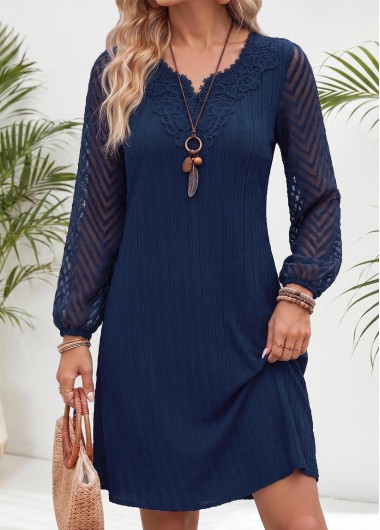 Patchwork Navy Short Long Sleeve Split Neck Dress