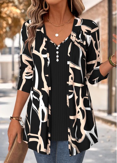 Geometric Print Black Long Sleeve Fake Two Piece Twinset